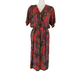 Vintage 70s-80s Alison J SIZE 12 Midi Dress Floral Red Purple Stretch Waist USA